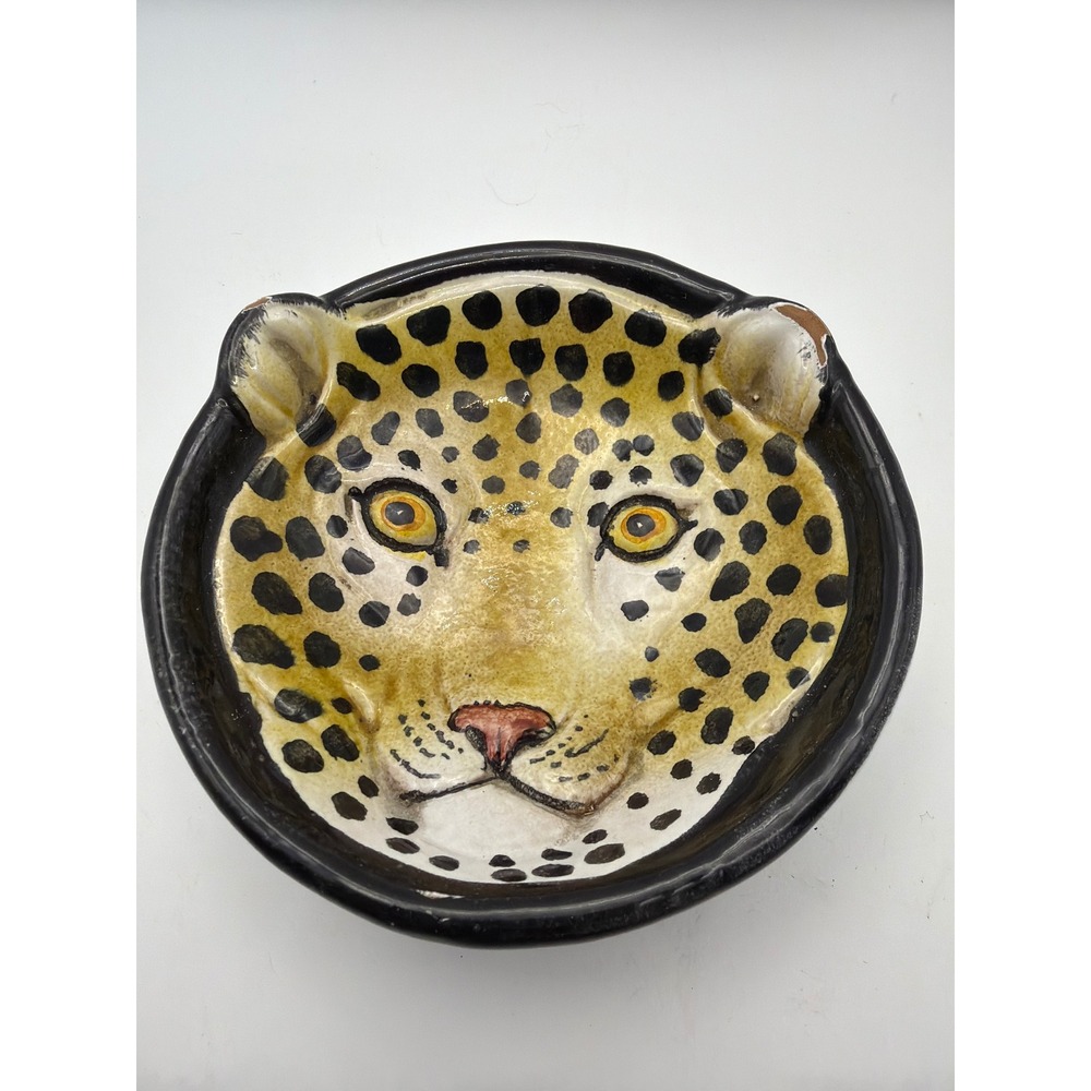 Vintage Italian Pottery Leopard Face Ceramic Bowl Hand Painted Made in Italy